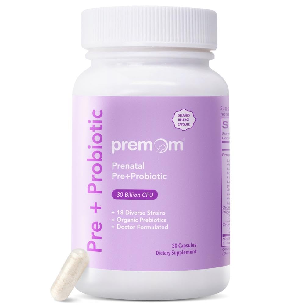 Premom Prenatal Pre & Probiotika pro ženy: 18 Diverse Organic Prebiotics Straines - Podporuje trávicí, 30 miliard CFU, Gut & Imunní zdraví pro mámu a dítě - Denní kapsle