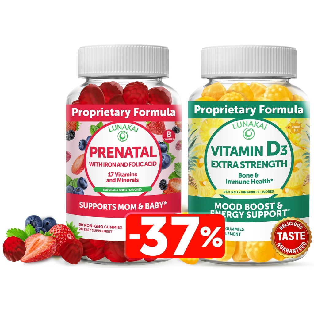 Lunakai Prenatal a vitamín D3 Gummies Bundle - Těhotenství Multivitamin Gummy s kyselinou železitou a listovou - Imunita, Kost a Mood Supplement pro dospělé