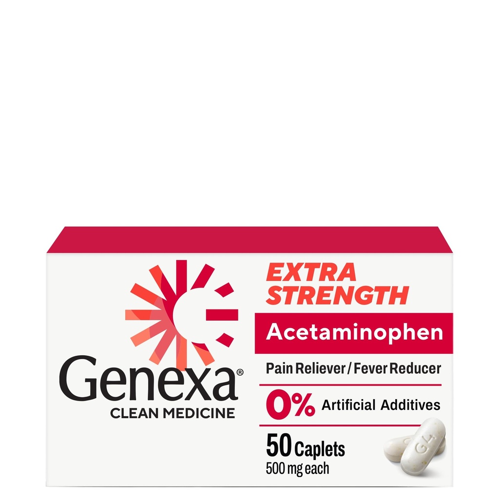 Genexa Clean Acetaminophen 500mg Extra Strength, Barvy Free Pain Reliever Fever Reducer, 0% Umělé přísady, Pain Medicine pro dospělé, Zmírňuje bolest hlavy, Bolest zad, Menší bolest artritidy, 50 tablet
