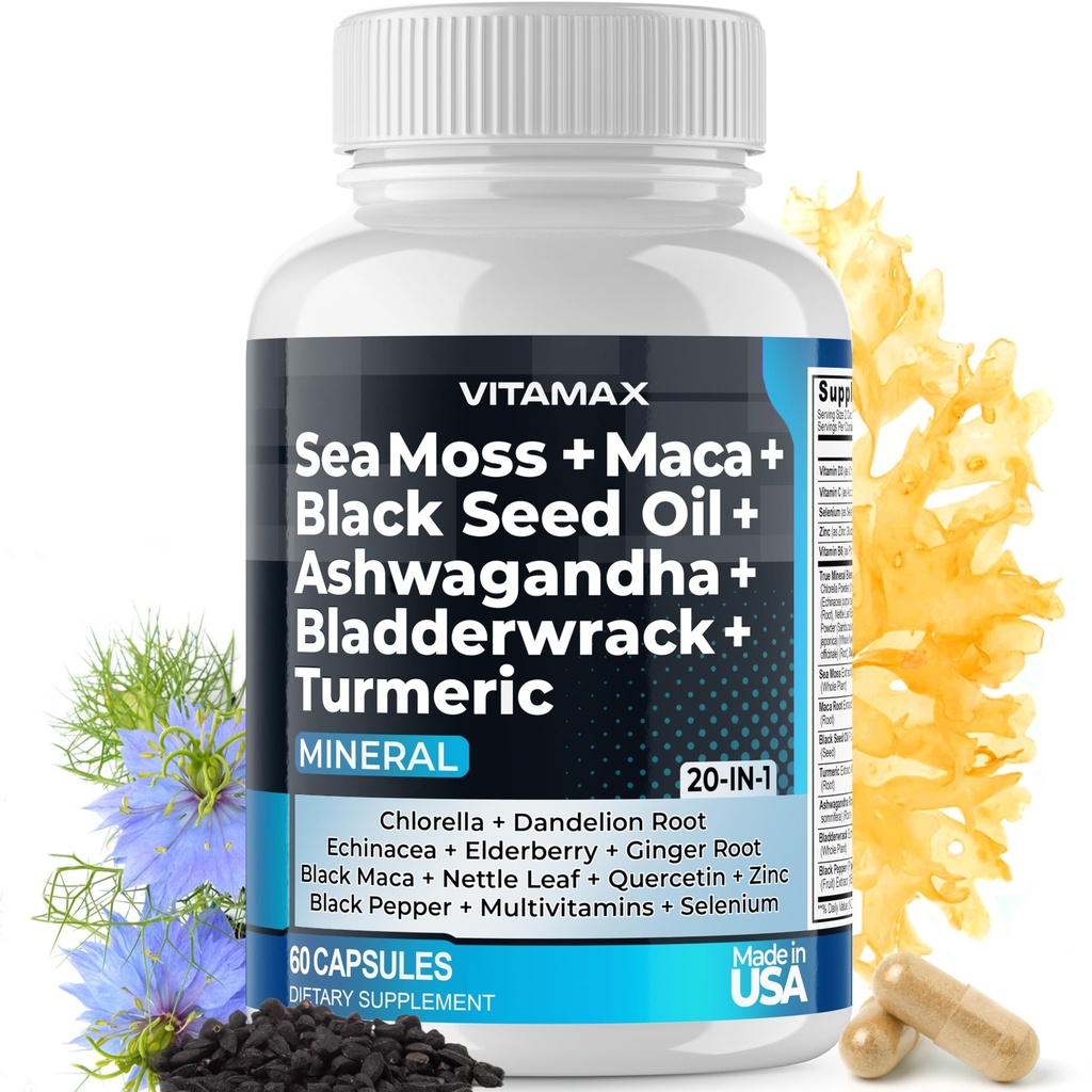 Moss Maca Black Seed Oil Ashwagandha Bladderwrack Turmeric - Manuka Honey, Elderberry, Vitamin C & D3, Dandelion & Black Pepper - Non- GMO - Vegan - Made in USA - 60ct