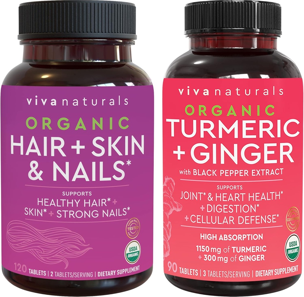 Organické vlasy kůže a nehty Vitamíny + Organic Turmeric s Black Pepper & Ginger Bundle, Made with Biotin 5000mcg for Zdravé vlasy, Turmeric for Natural Joint Support
