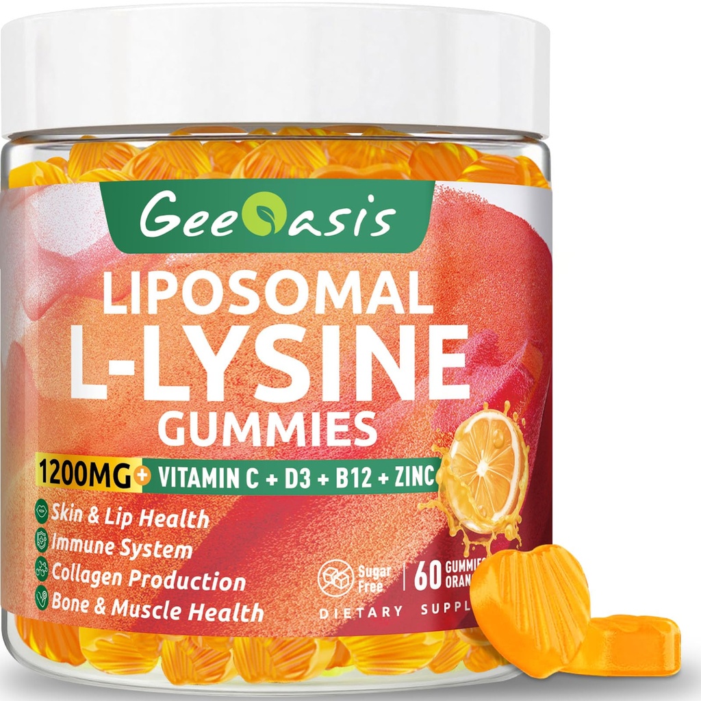 Lipozomální L- lysinové gumy 1200mg, Lysin Žvýkací doplněk s vitaminem C, D3, B12 & Zinek pro dospělé a děti, Imunitní a kolagenová podpora, Lips & Skin Health, Vegan, Přírodní ovocný příchuť, 60CT