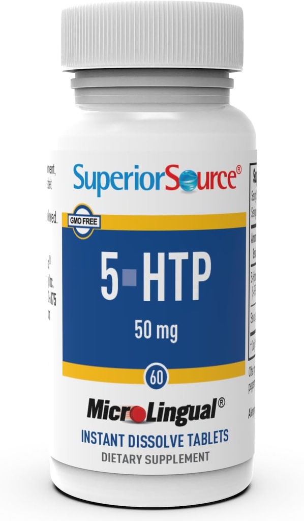 Superior Source 5-HTP 50 mg - Natural Supplement Aids Restful Sleep & Neurotransmiter Functions - Brain Health & Function Support - 5-Hydroxytryptofan Supplement - 60 Instant Disolt Tablety