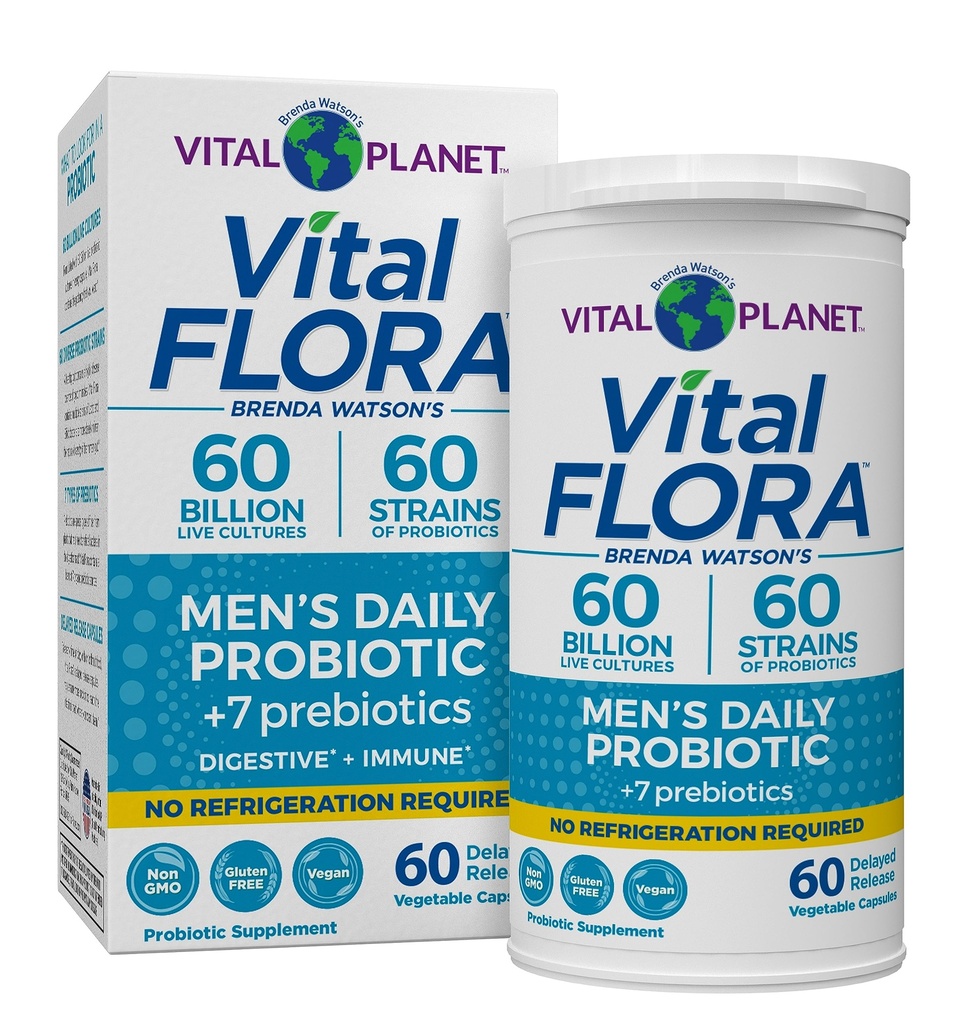 Vital Planet - Vital Flora Probiotika pro muže, 60 miliard CFU, 60 Diverse Strains, 7 Organic Prebiotics, Muži Daily Secure Stabilní Probiotika pro imunitní podporu, Útlum plynu, Digestive Health 60 Kapsle