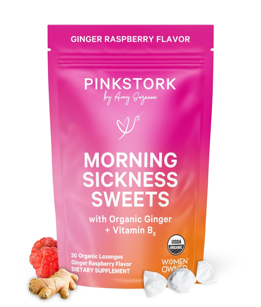 Pink Stork Morning Sweets, Organic Raspberry Ginger Candy s vitaminem B6, Podpora pro nevolnosti pohybu, Prenatal Heartburn - Těhotenství musí mít - 30 obalené kapky