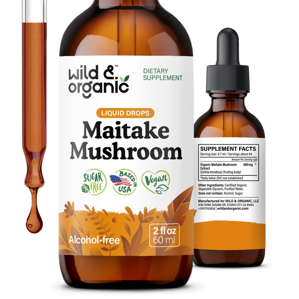 Wild & Organic Maitake Houbové kapky - Liquid Houba Dodatek pro imunitní podporu - Maitake Extract Tincture - Vegan, Cukr & Alcohol- Free - 2 fl oz