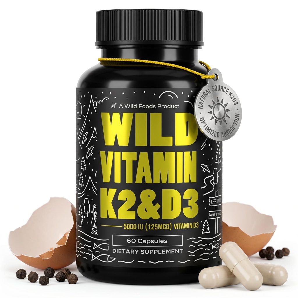 Wild Foods 5000iu Vitamin D3 + K2 IR 124; (100mcg Mk7) s černým Pepper Extract, Plant- based, Non- GMO, Soy & Gluten- Free IR 124; Dietní dodatek 124; Made in USA IR 124; 60 Kapsle
