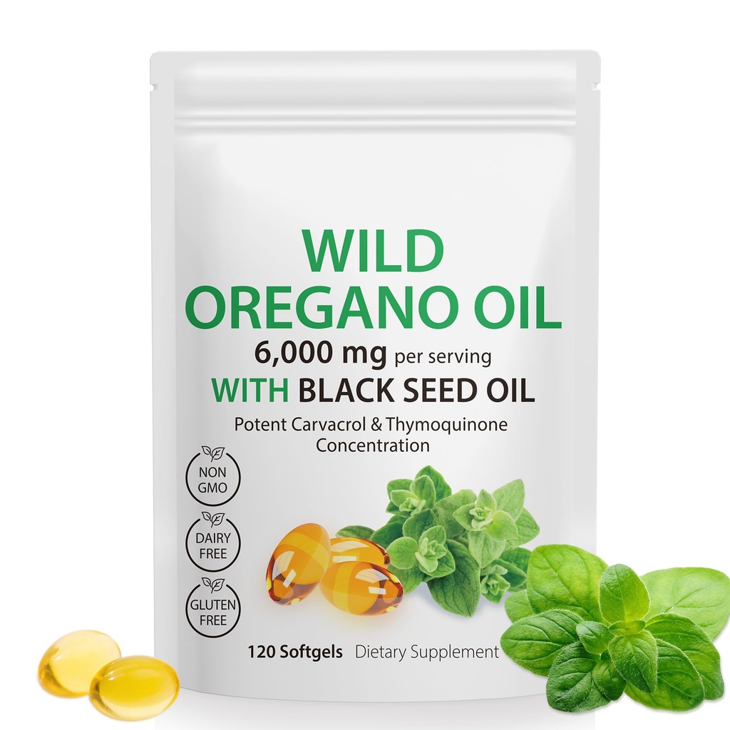 Olej Oregano Softgels - Wild Oregano Oil 6 000 mg s černým semenným olejem 200 mg Kapsle, 120 Počet, Potent Carvacol & Thymoquinone, Non- GMO, mlékárenský zdarma, gluten zdarma