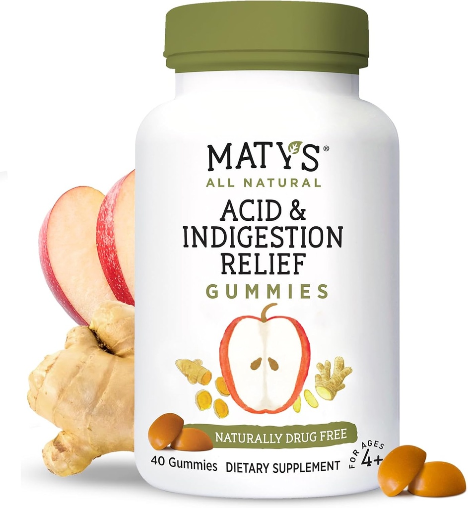 Matys Acid & Ingestion Relief Gummies, Safe Antacid for Occasional Acid Reflux & Heartburn in Dospělí & Kids 4 years old +, Nízký cukr, Gluten Free, Vegan Gummy Made with Apple Cider ocet, 40 Počet