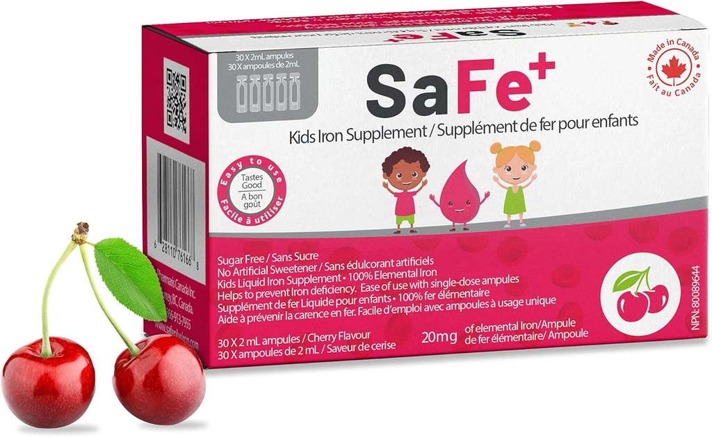 SaFe + Liquid Iron for Children IR 124; Great Tasting Cherry Flavor IR 124; Easy to use 20mg / 2ml Iron per ampule IR 124; 30 Unit- Doses (2 ml každý) I Cukr Free & Alergen Free I Udržovat fyzické a duševní pohodu
