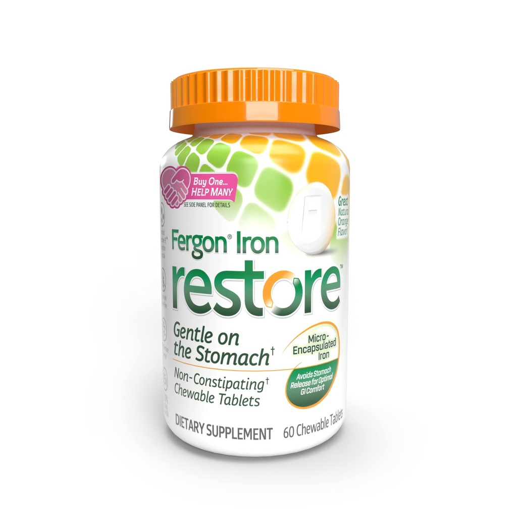 Fergon Iron Obnovit Žvýkací tablety - Jemně na žaludku, Non- Constipating - 27 mg Iron for Energy Support - 60 tablet