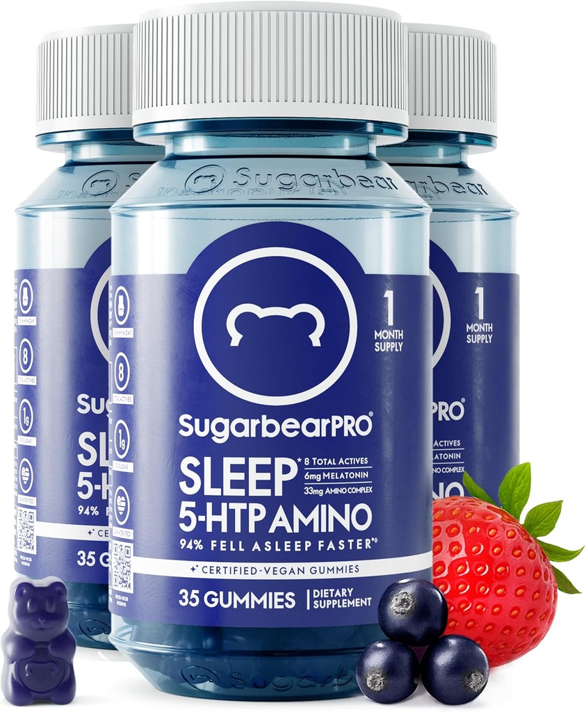 Sugarbear Sleep Gummy 3 měsíc Dodávka, Extra síla melatonin 6 mg, pro muže a ženy, Vegan Vitamin B6, L-Theanine, 5 HTP, Valerian, Spánková pomoc pro dospělé & Teens, Certified Kosher, Halal, Cruelty-Zdarma