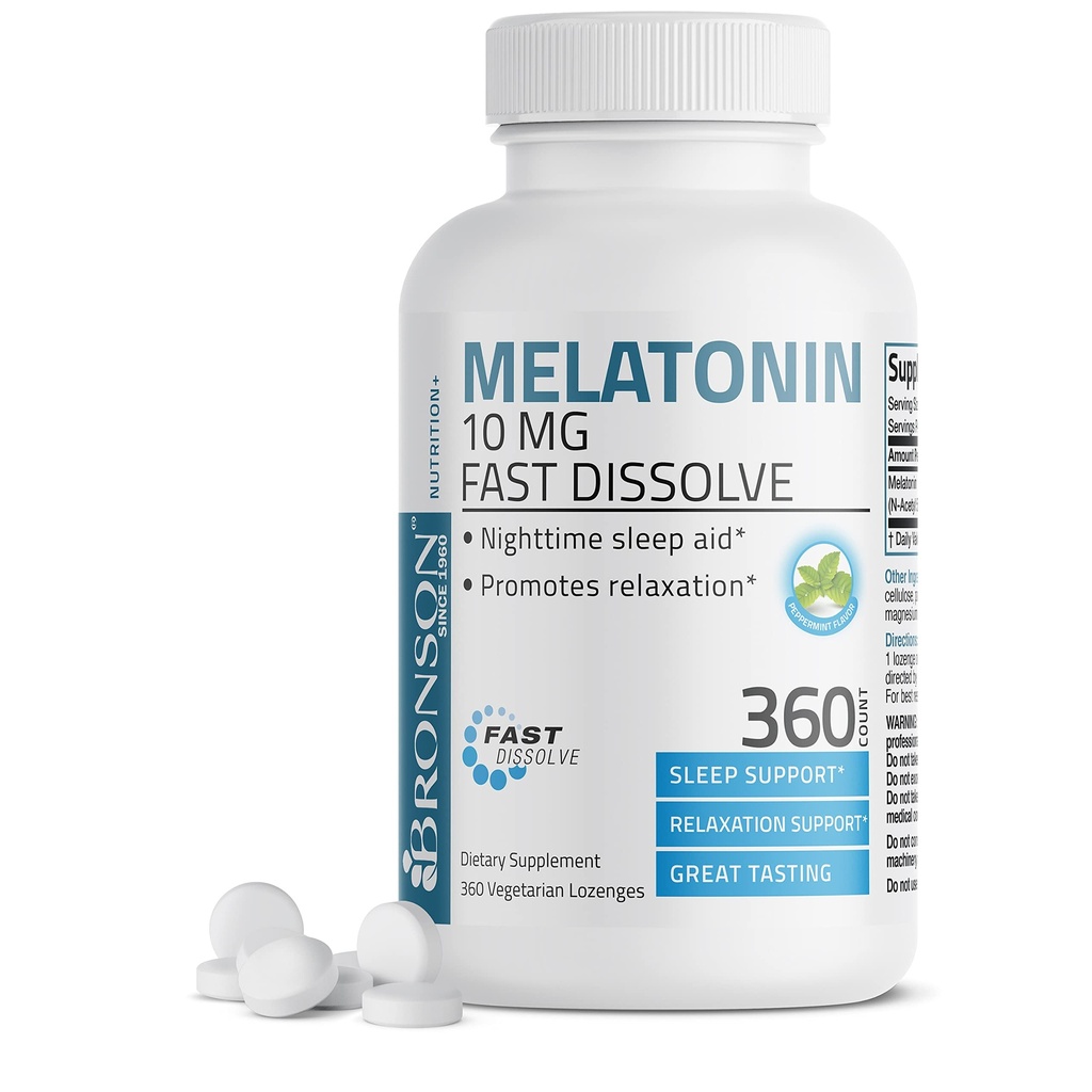 Bronson Melatonin 10 MG Fast Disolute Peppermint Tablety, Promotes Relaxation, 360 Žvýkací Vegetariánské Lozenges