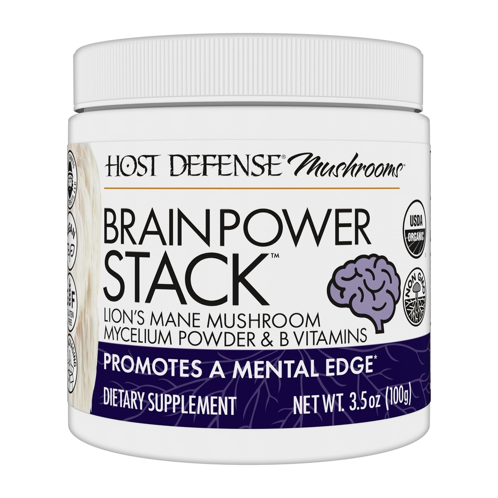 Hostitel Defense BrainPower Stack Powder - Cílený doplněk podpory mozku - Prášek Houba Dodatek s Lví hříva, Niacin (B3) & Vitamin B12 - Bylinná podpora mozku - 100g (66 Služeb) *