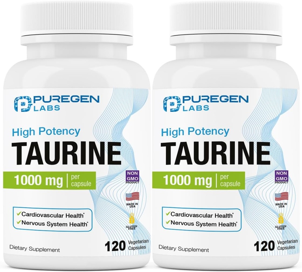 Puregen Labs Taurin 1000mg [Vysoká potence] Celkem 240 Veg Kapsle 124; No Harmful Additives CLAS124; Non- GMO, NO Gluten a Dairy, Podporuje srdce zdraví a svalovou obnovu 124; Made in USA