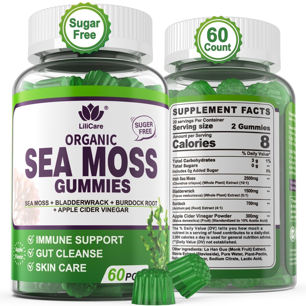 Sea Moss Gummies - Irské Moss Gummies pro dospělé a děti - Advanced Superfood Seamoss Dodatek s organickým Bladderwrack & Burdock Root Extract CVV pro denní imunitu, Gut Cleanse, Vegan, 60 Counts