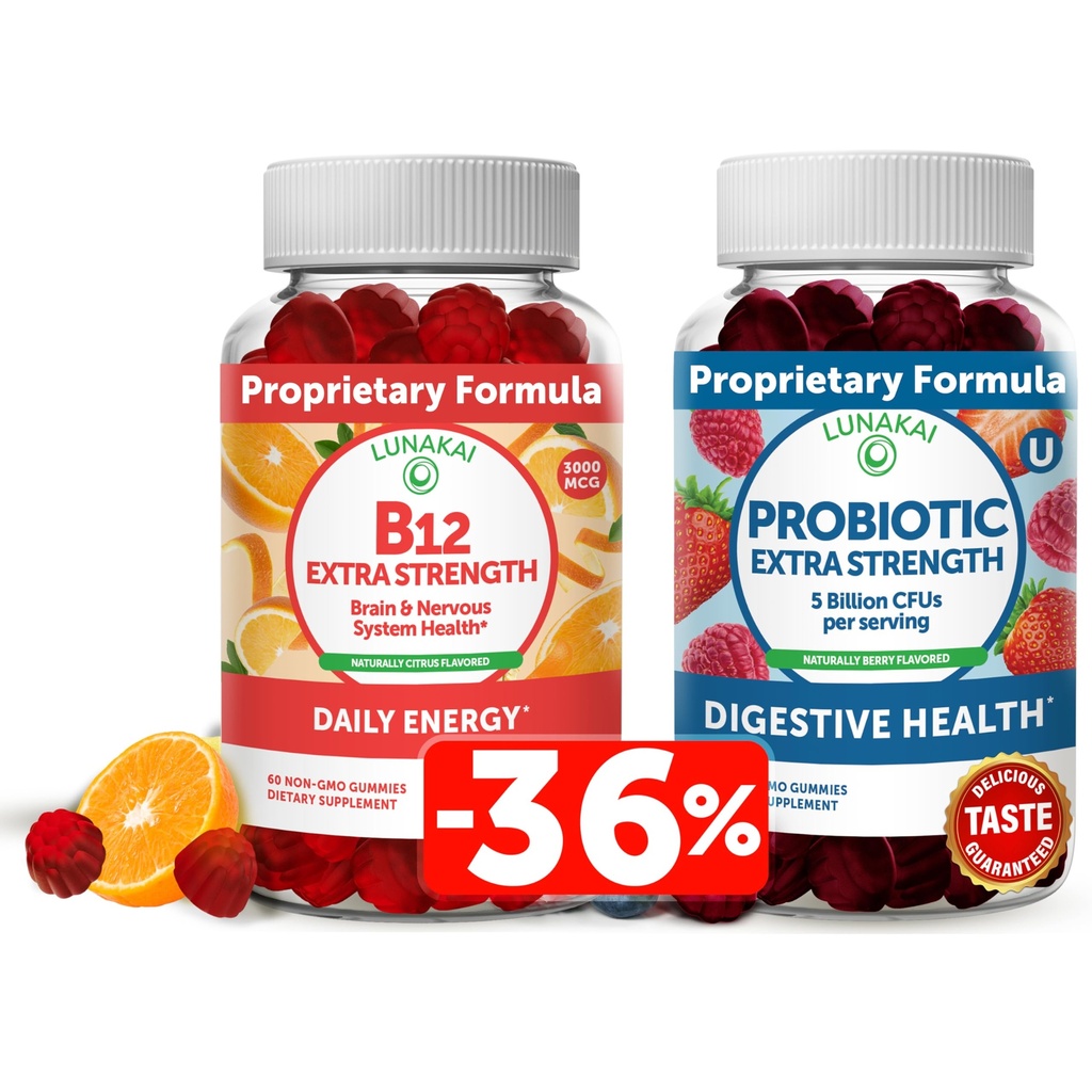 Lunakai Vitamin B12 a Probiotické Gummies Bundle - 3000 mcg Gummy pro dospělé Energy Support and Bone Health - 5 miliard CFU per Serving for Digestive Gut Health with Vitamin C for Women & Men