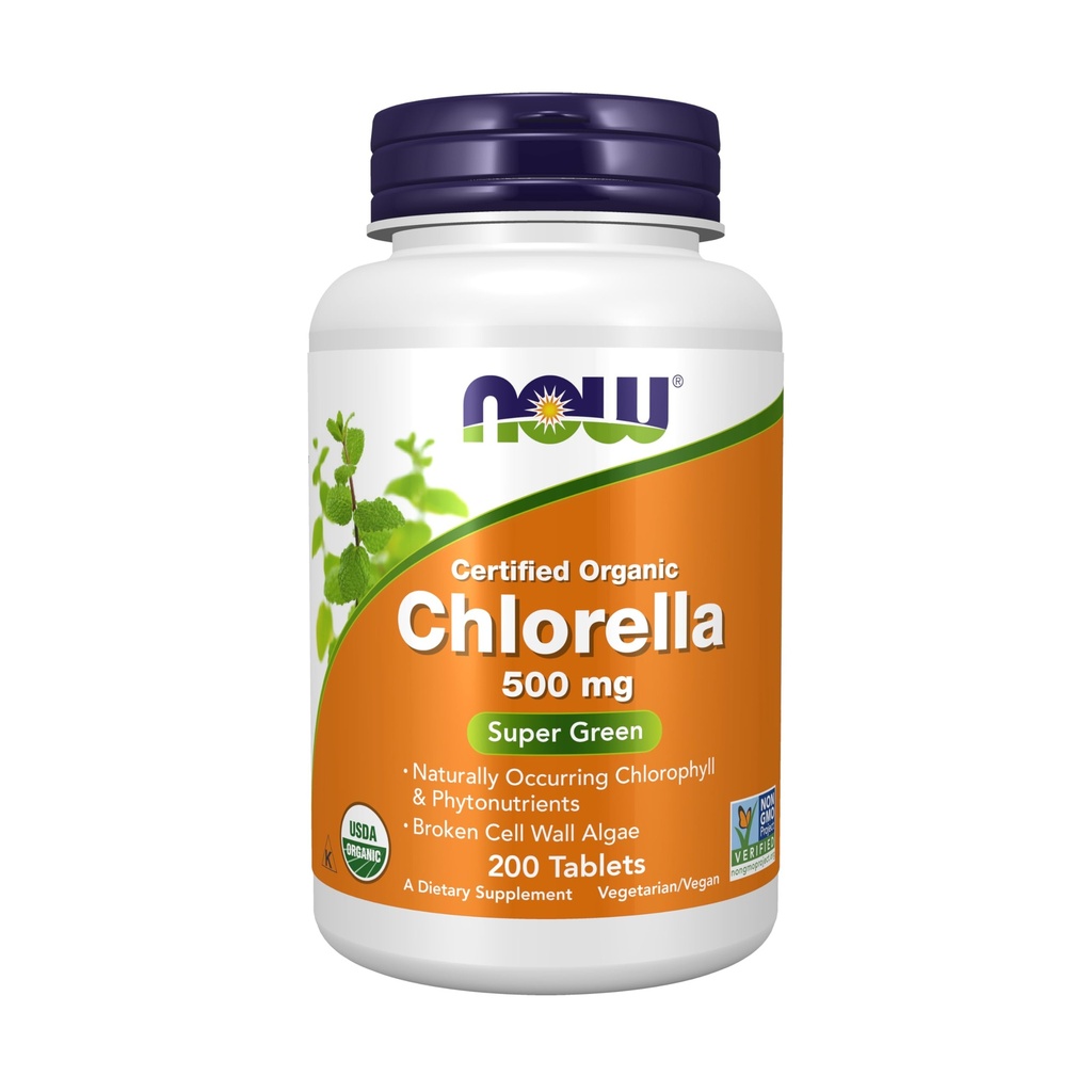 Nyní Potraviny Doplňky, Organic Chlorella 500 mg s přirozeně se vyskytujícím chlorofylem, betakaroten, smíšené karotenoidy, vitamin C, železo a protein, 200 tablet