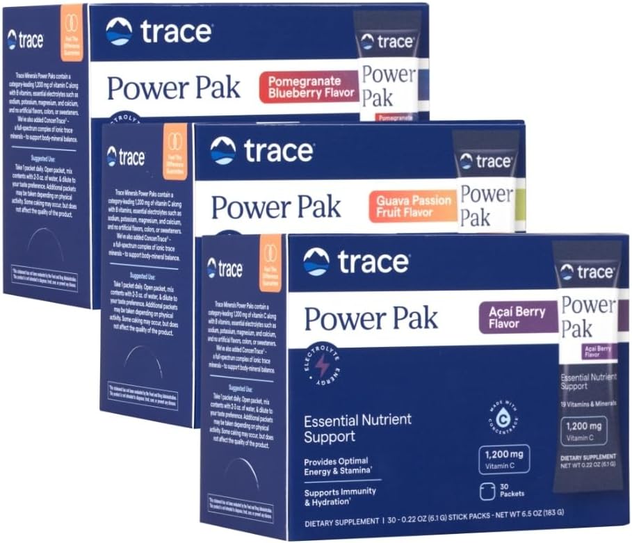 Stopy Minerály Power Pak Multivitamin a Multimineral Packets - Electrolyte Support - 1200 mg Vitamin C Plus 70 Acai Berry, Blueberry Pomegranate a Guava Variety - 90 Packets