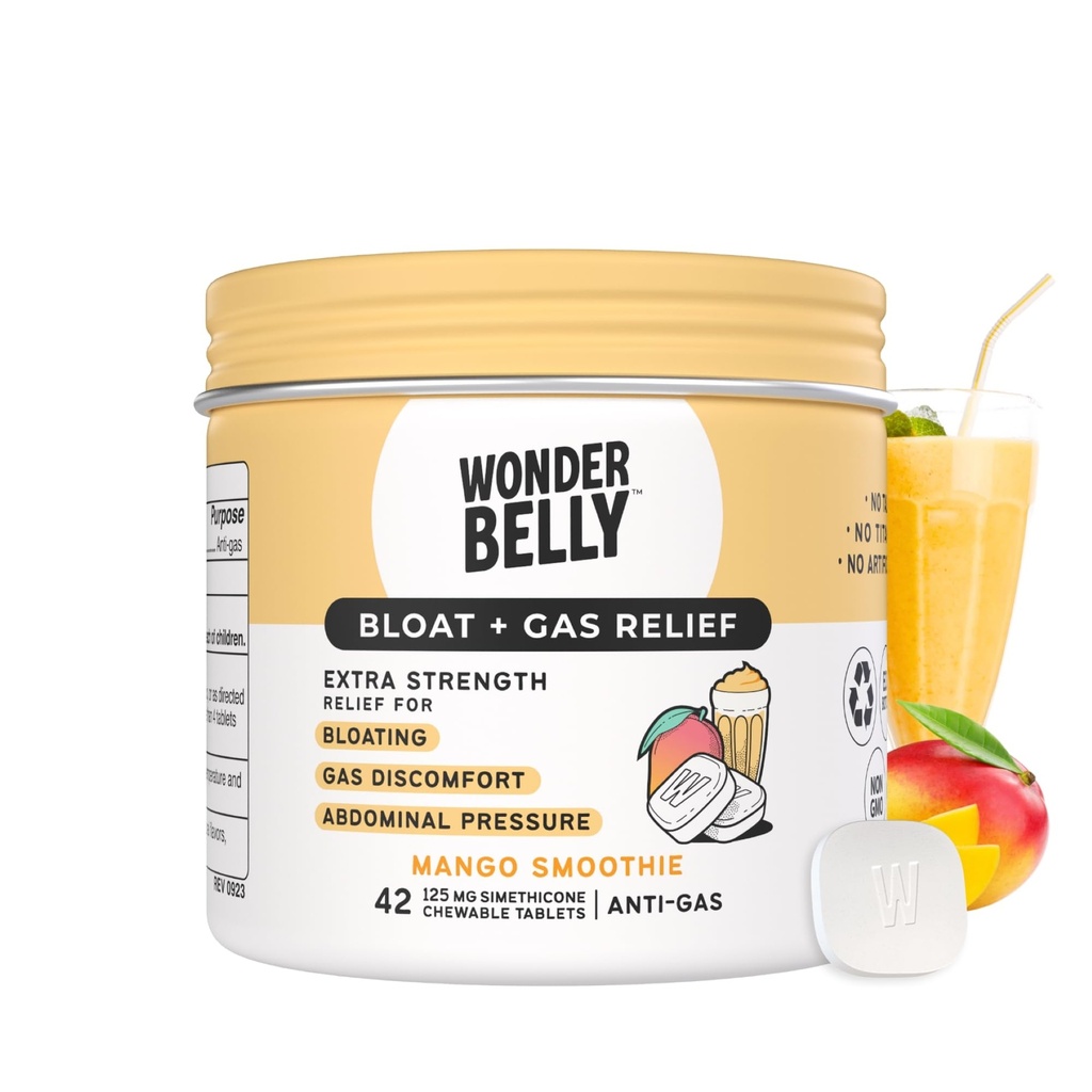 Wonderbelly Bloat + Gas Relief, Extra síla žvýkací tablety, s 125 mg Simethicone, No Talc or Dye, Mango Smoothie, 42 Počet