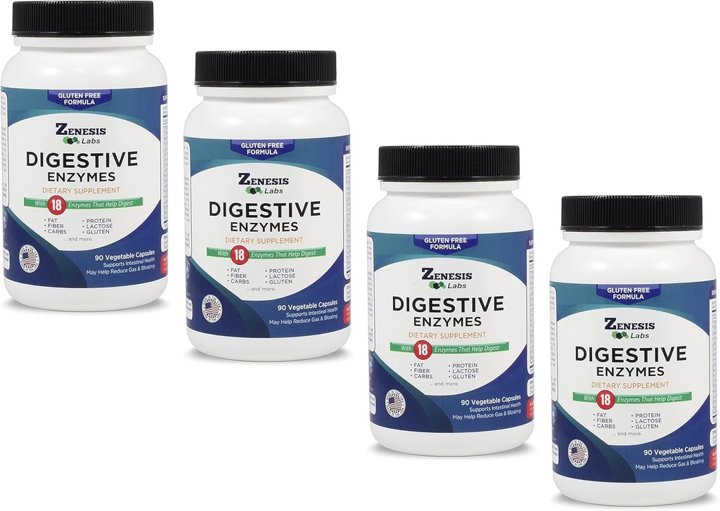 Zenesis Labs Digestive Enzymy - s Amylase, Bromelain, Protéza, Lipáza & 14 Ostatní Enzymy Bulk 360 Dodávka tobolky (4 Lahvička Set - 90 Kapsle / Lahvička)