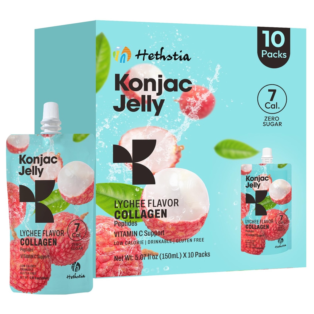 Hethstia Konjac Jelly, Lychee Konjac Jelly 10 Pouches s kolagen Peptidy, Nízké kalorie Nápoje Litchi Jello, Vitamin C Light Snacks, Sugar Free, Keto, Gluten- Free, Zdravé jídlo dárky