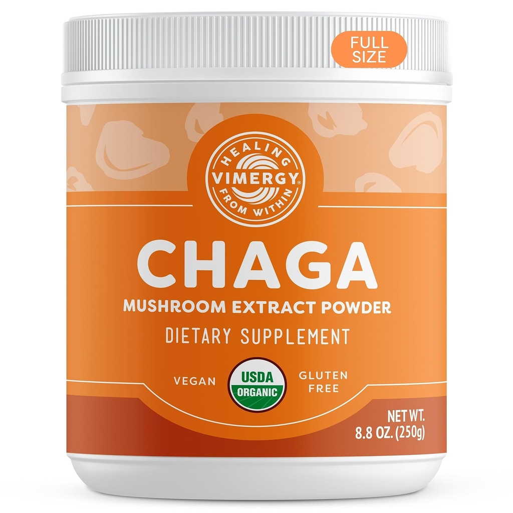 Viméries USDA Organic Wild Chaga Houba Extract Powder, 166 Servings - Ideální v Chaga Tea, Káva, Smoothies - Kardiovaskulární podpora - Kosher, Vegan, No Gluten, Paleo - Pure Chaga, No Fillers (250g)