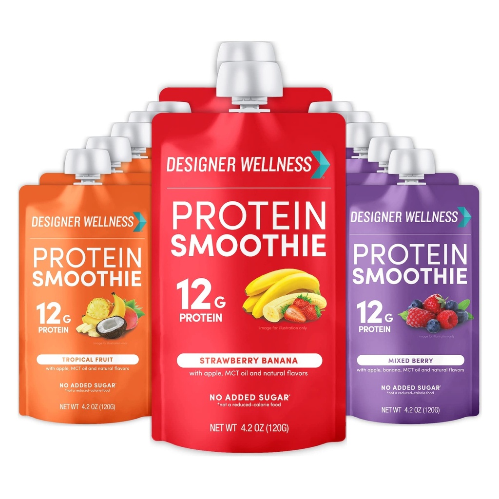 Designer Wellness Protein Smoothie, Real Fruit, 12g Protein, Low Carb, Zero Added Sugar, Gluten- Free, Non- GMO, No umělé barvy nebo aromata, Variety Pack, 12 Počet