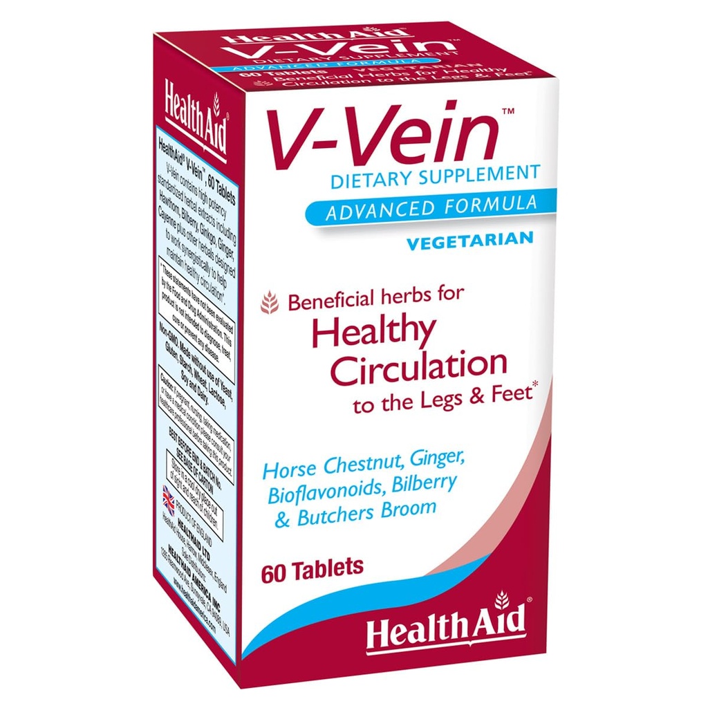 HealthAid V- Vein, příznivé živiny pro zdravou cirkulaci nohou a nohou, 60ct, jednou denně, Obsahuje Ginkgo, Grape Seed, Vitamin C a Bilberry, Vegan