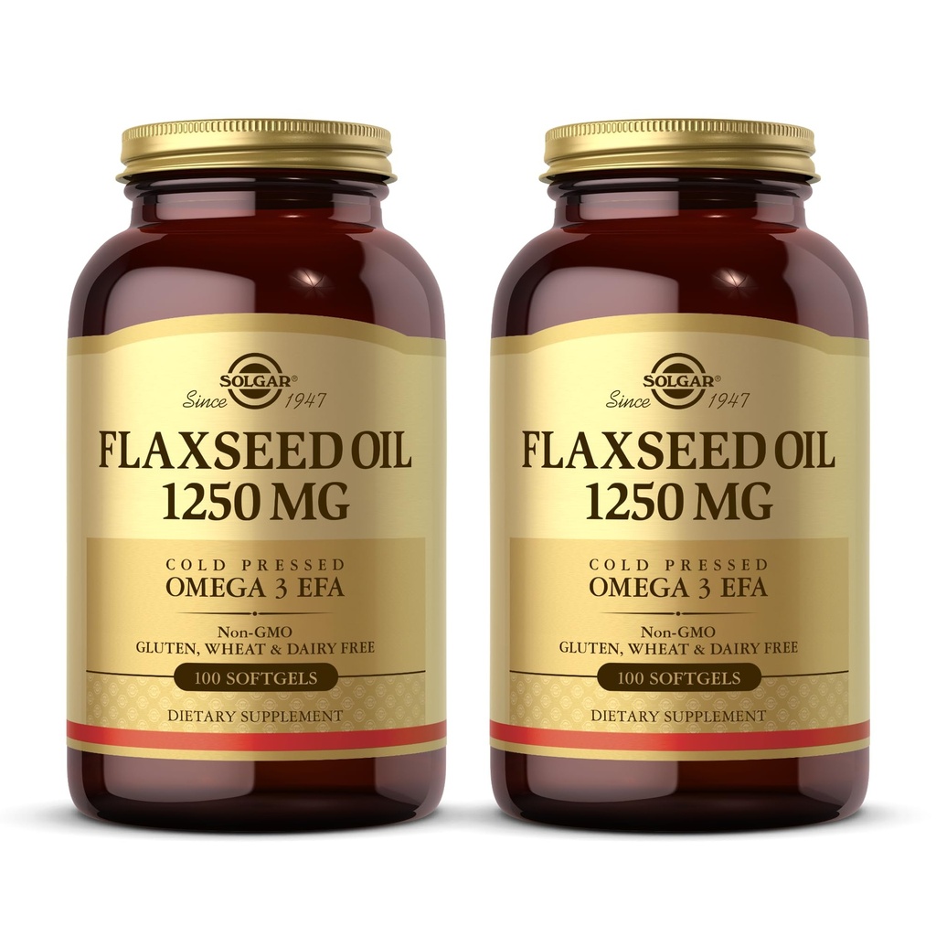 Solgar Flaxseed Oil 1250 mg - 100 Softgels, Pack of 2 - Concentrated Plant Source of Omega33 Alpha- Linoleic Acid (ALA) - Non- GMO, Gluten Free - 100 Total Servings
