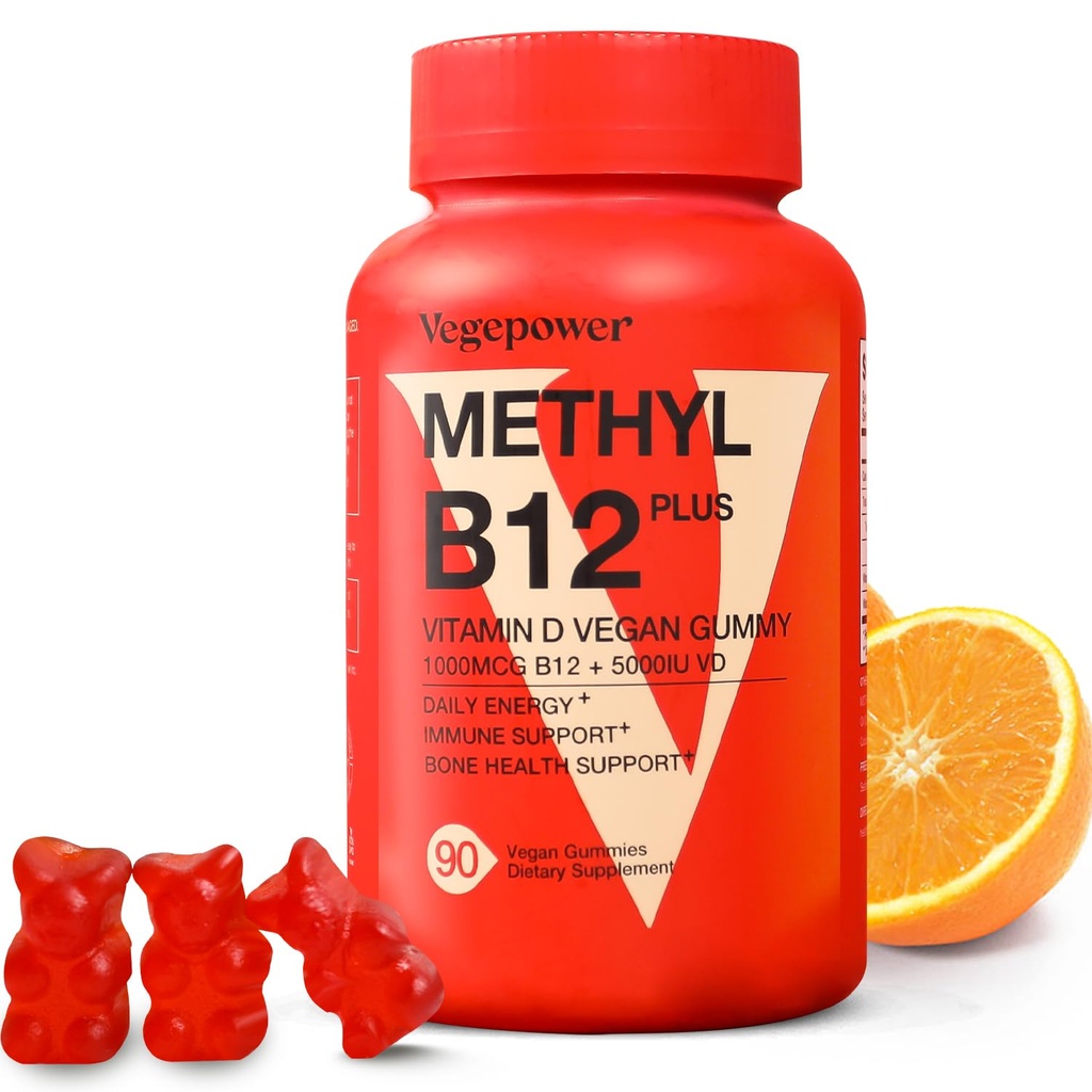 Vitamin B12 D3 Vegan Gummies - 90 Počet I 1000 MCG methyl B12 & 5000 IU Vitamin D Žvýkací doplňky pro dospělé a děti - Imunitní zdraví a denní energetický boost - Non- GMO, Orange