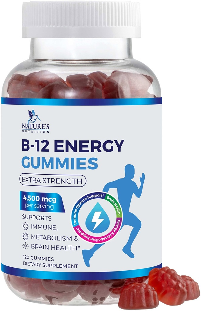 B-12 Vitamin Energy Gummies 4500mcg - Extra Strength B12 Gummy Chewables for Energy Metabolism & Imunity Supplement for Women, Men, & Kids - Non- GMO, Vegan, Berry Flavor - 120 Počet