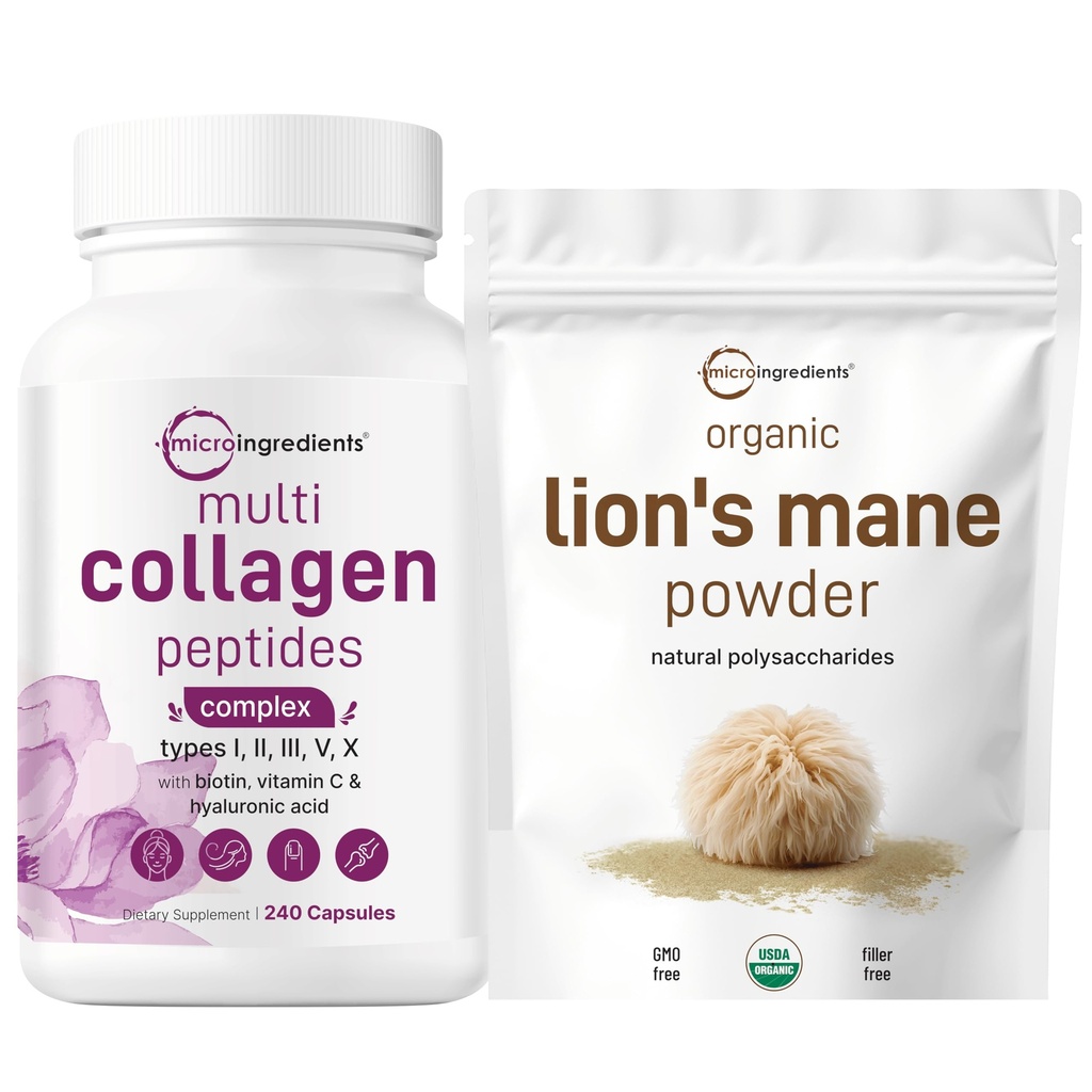 Micro ingredience Multi kolagen Complex & Lions Mane Houbový dodatek Powder Bundle 2 Balení 124; Grass- Fed Collagen Peptides Rubber 124; Přírodní Superfood pro mozek, Energie, a imunitní zdraví