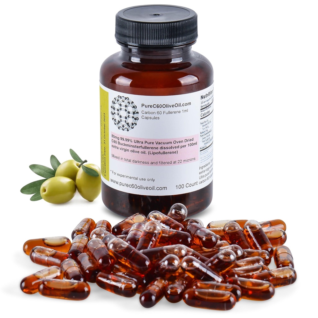PureC60OliveOil C60 Organic Olive Oil Kapsle Pills 100ml / 3.4 Fl Oz - 99.99% Carbon 60 Solvent Free 80mg - Food Grade - Carbon 60 Olive Oil - from The Leading Global Producer