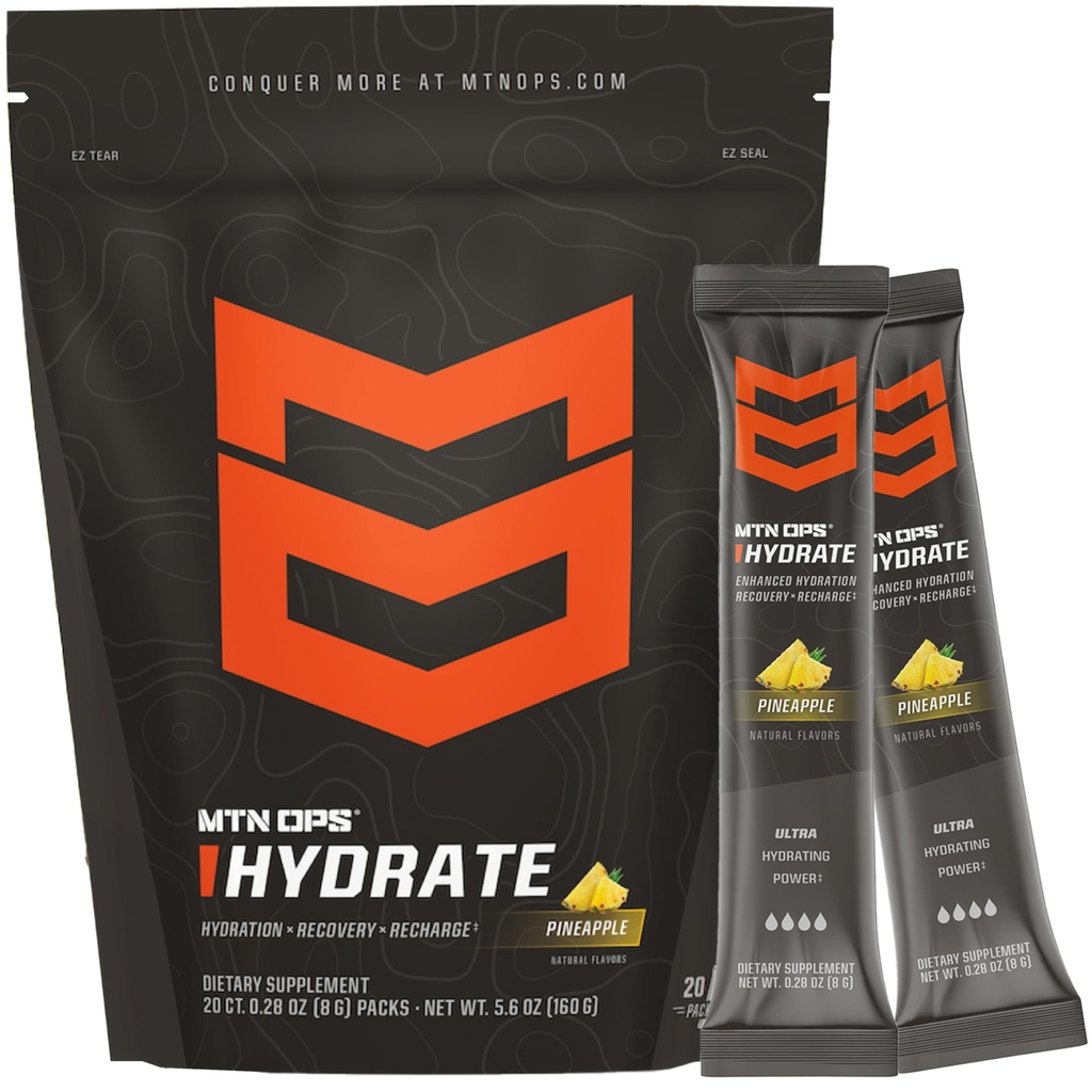 MTN OPS Hydrate Electrolytes Powder Drink Mix, 20 Single Serving On-TheGo Electrolyte Packs s více než 1000mg Electrolytes per Serving, Ananas