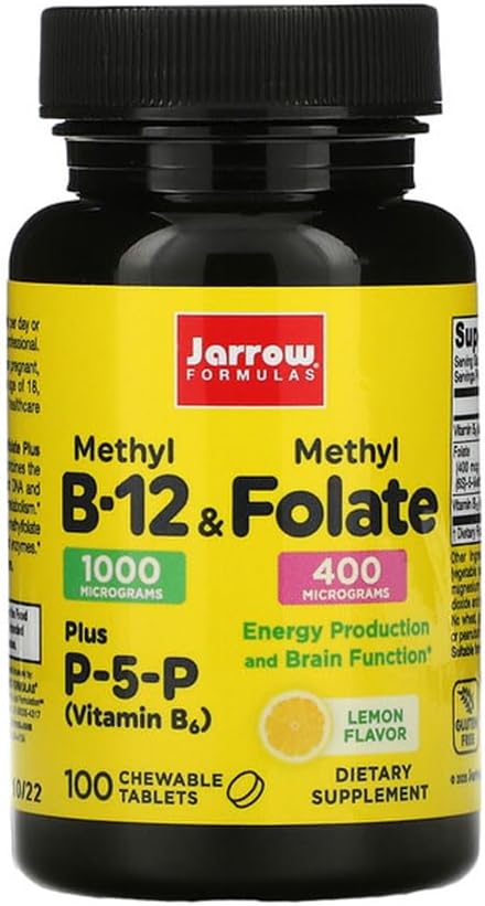 Jarrow Dispersas Methyl B-12 & Methylfolát - 100 žvýkací tablety, Lemon - Balení 2 - Bioaktivní vitamín B12 & B9 - Podporuje výrobu energie, funkci mozku a metabolismus - 200 Celkem