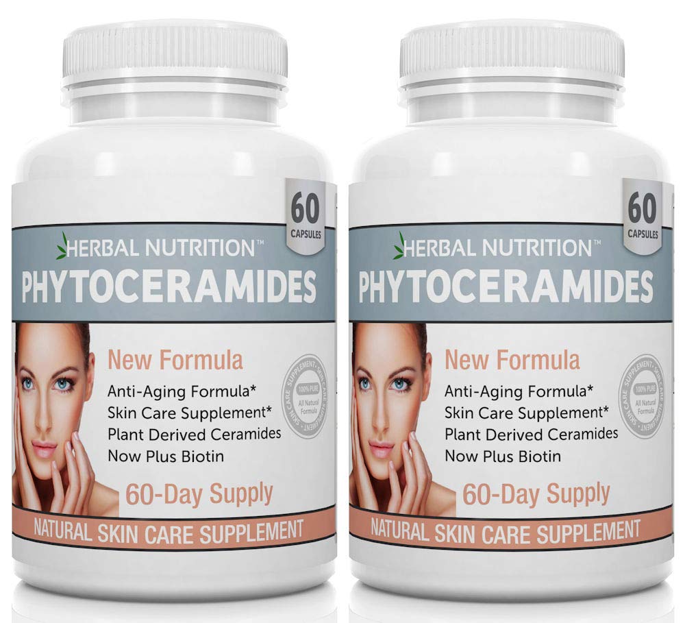 Phytoceramidy Rýže na základě Biotin Anti Aging dodatek, Wrinkle odstraňovač a obličeje Moisturizing s fytoceramidy vitamin A, C, D a E, dvě láhve balení, 120 kapsle 40 mg, gluten zdarma