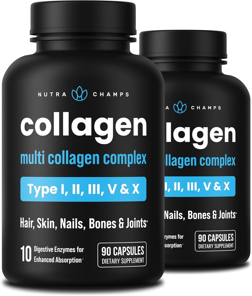 NutraChamps Multi Collagen Pills, Typy I, II, III, V, X, Double Hydrolyzed Collagen Peptides Powder Capsules, Dodatek k proteinu pro ženy a muže, 180 Kapsle (Balení po 2)