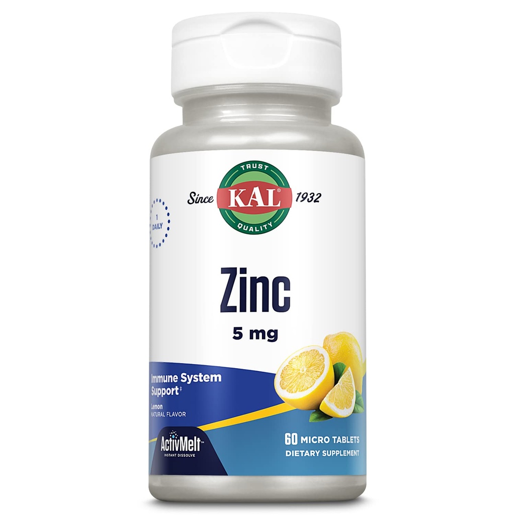 Kal Zinek 5mg Tablety - Zinek Doplňky pro ženy a muže, Imunitní podpora, Fast- Rozpustit pro optimální absorpci, Přírodní Lemon Flavor, Vegetariánské - 60 Mikro Tablety