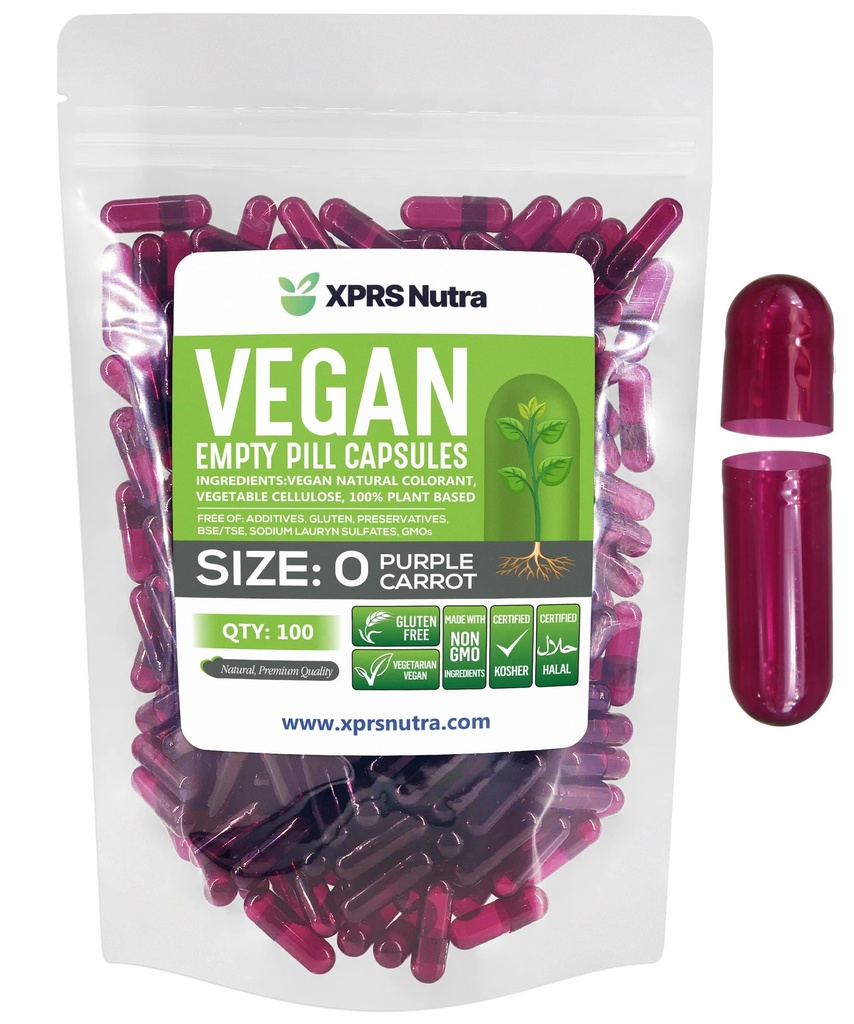 XPRS Nutra Velikost 0 Prázdné kapsle - 100 hrabě Prázdné Vegan Kapsle - Vegetariánské pilulky - DIY Zeleninové kapsle Plnicí - Veggie Pill Caps pro Do- It- Vaše vlastní doplňky (Purple Carrot)
