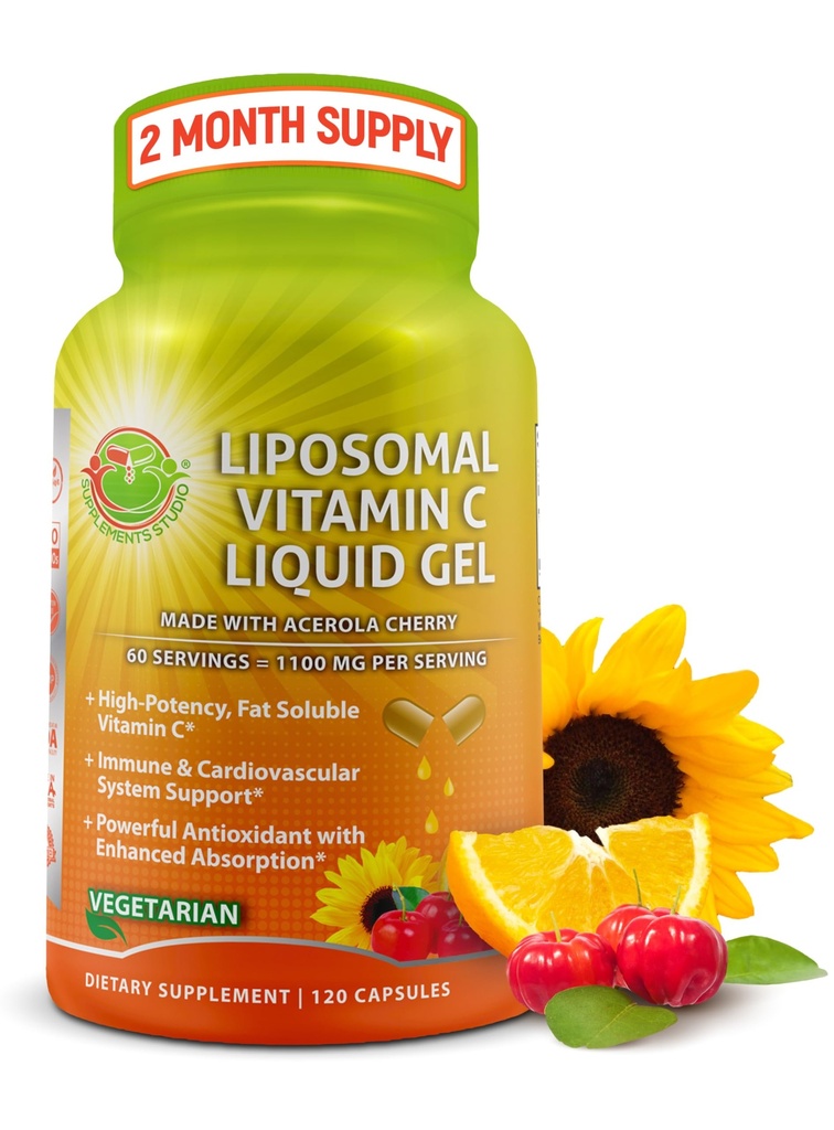 Lipozomální vitamín C kapalné gelové kapsle - 1100mg - Vyrobeno s organickým acerolem Třešně, vysoce potentní vitamin C Lipozomální imunitní podpora Dodatek s vylepšenou absorpcí & Biologická dostupnost - 120 Počet