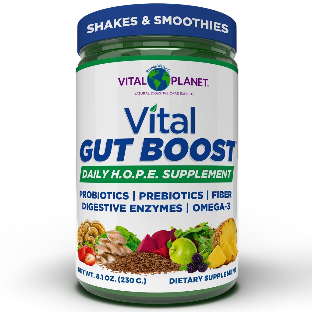 Vital Planet - Vital Gut Boost Powder by Brenda Watson, PBS Gut Check Hope Dodatek s Fiber 35, Omega 3 Oil, Probiotika, a Digestive Enzymes, 8.1oz, 230 Grams, 30 Servings