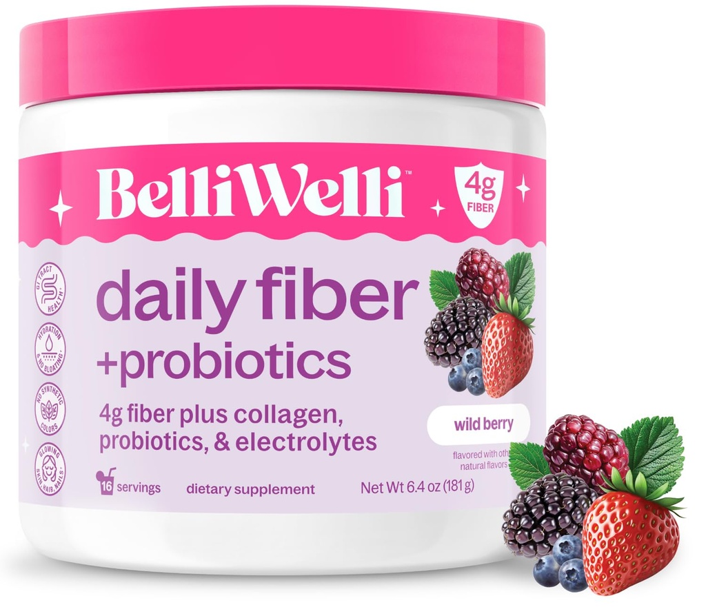 Belli Welli Fiber dodatek pro ženy a muže - Premium Daily Fiber Powder from Organic Acacia with Added Collagen, Electrolytes & Probiotics - No Bloat, Concurrency & Gut Health Support (Wild Berry)