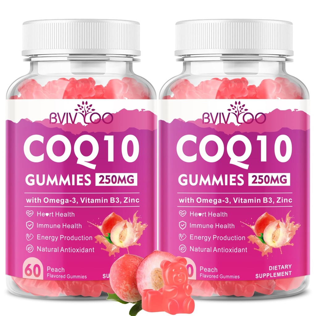 2 balení CoQ10 Gummies 250mg, Plus Omega-3, vitamin B3 & zinek, hořčík - vysoce absorpční koenzym Q10 doplňky pro srdeční zdraví, celulární energie, a antioxidant podpora, 120 Počet