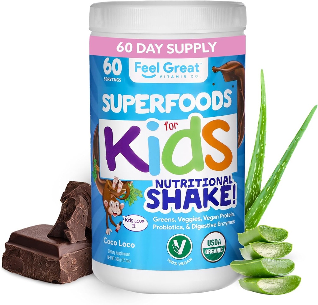 Děti organické Super Zelené Powder s ovocem a Veggies - All- In- One Děti Multivitamin z reálných rostlin - Žádné syntetické vitamíny, žádné plnidla nebo pojiva, žádný cukr přidaný.