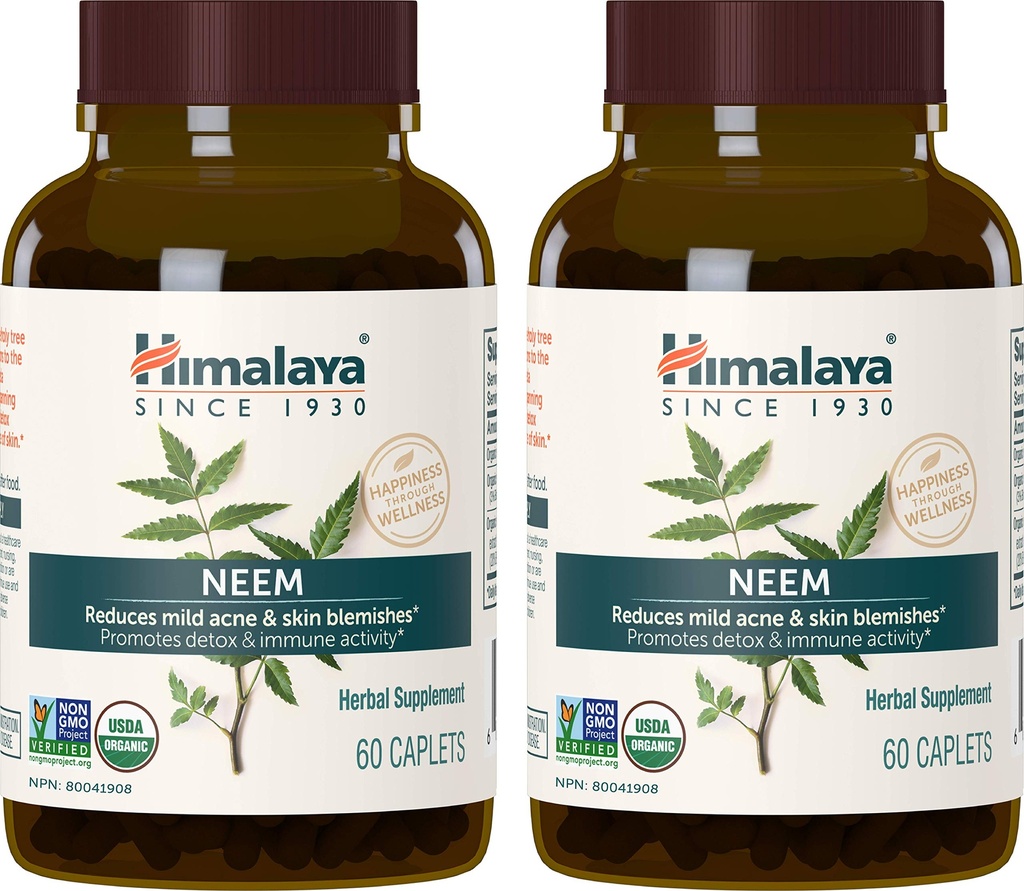 Himalaya Organic Neem Bylinný dodatek, pro mírnou akné a čistou pleť, Čištění, Ayurvedic, USDA Certified Organic, Non-GMO, Vegan, 600 mg, 60 rostlin na bázi Caplet, 2 Pack
