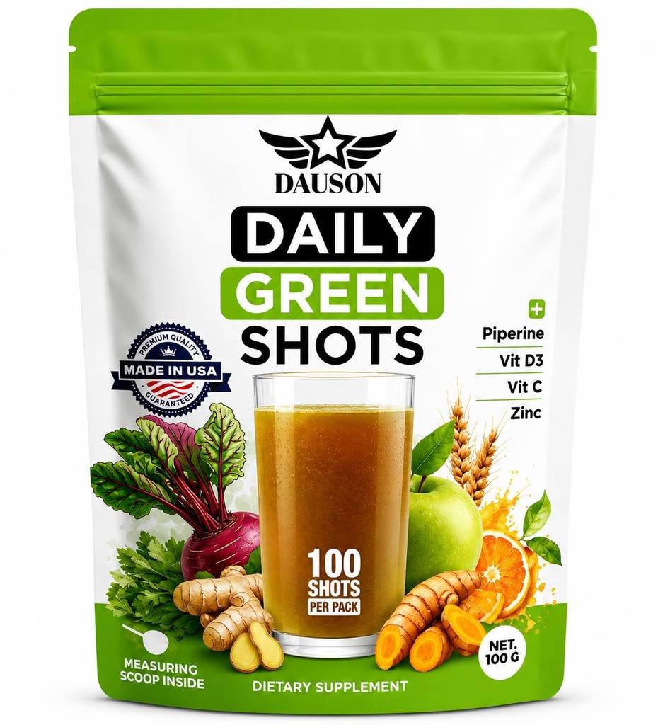 Denní zelené výstřely - Superfood Powder with Wheatgrass, Matcha, Beetroot, Ashwagandha, Turmeric & Prebiotics - Immunity & Energy Supplement - 100 střel