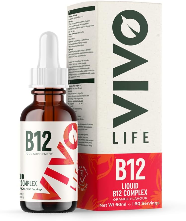 Vivo Life - vitamín B12 Complex, vysoce potentní doplněk zdraví, Orange Flavor Liquid Drops, 60 ml, 60 Služeb