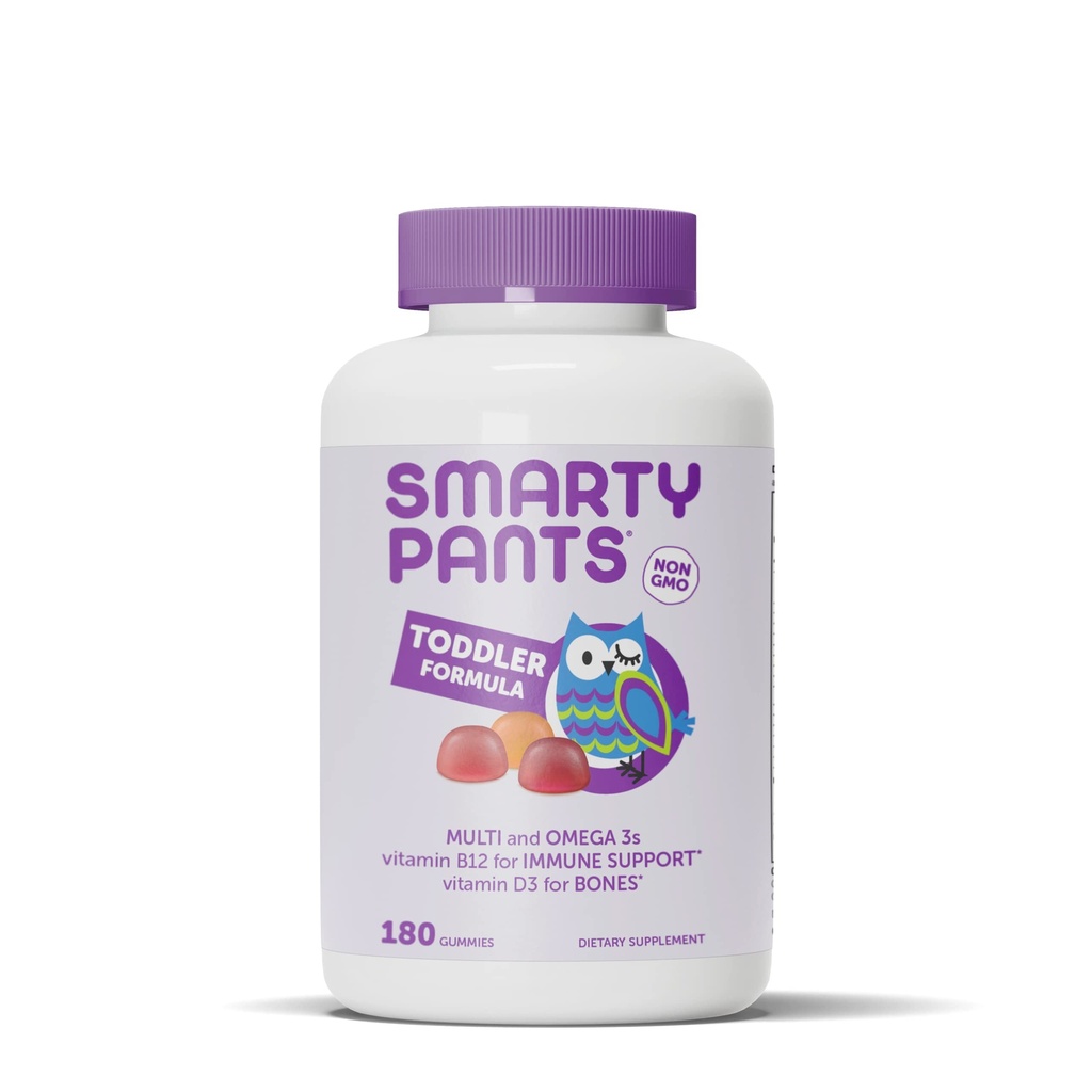 SmartyPants Toddler Multivitamin Gummies: Omega 3 Fish Oil (EPA / DHA), Vitamin D3, C, Vitamin B12, B6, A, K & Zinek, Biotin, Beta Caroten, Lepek zdarma, Tři ovocné příchutě, 180 Počet (60 denní dodávky)
