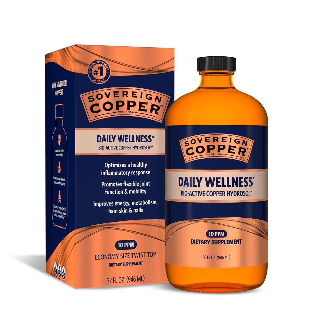 Sovereign Bio-Active Copper Hydrosol - Biologicky dostupný Copper Liquid Supplement pro dospělé a děti se stříbrným hydrosolem pro vlasy, kůži a nehty - 32 fl oz (946ml)